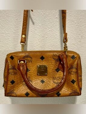 MCM Mini Boston Bag Cognac 
Visetos Leather Tan Monogram Logo Print Nano Vintage